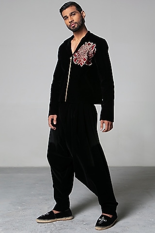 Black Velvet Zari Floral Jacket by Siddartha Tytler Men