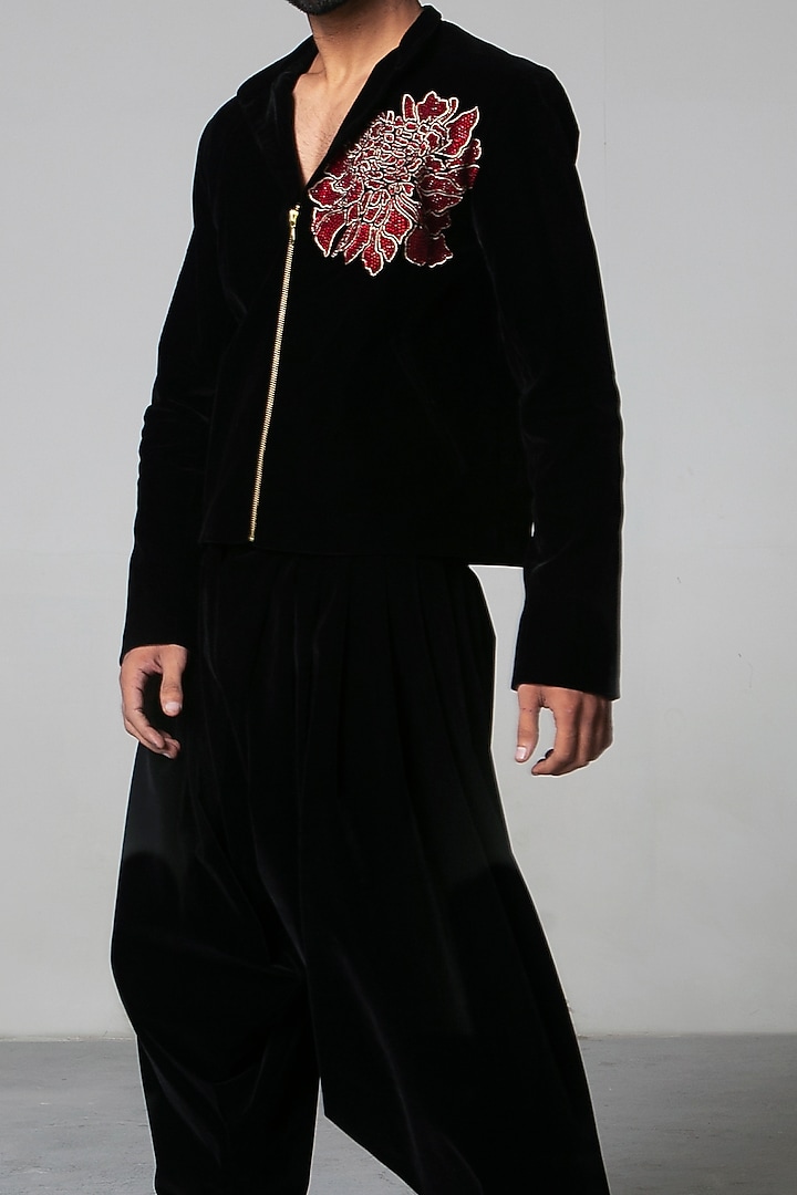 Black Velvet Zari Floral Jacket by Siddartha Tytler Men at Pernia's Pop Up Shop