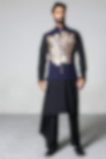 Blue & Black Zari Waistcoat Set by Siddartha Tytler Men