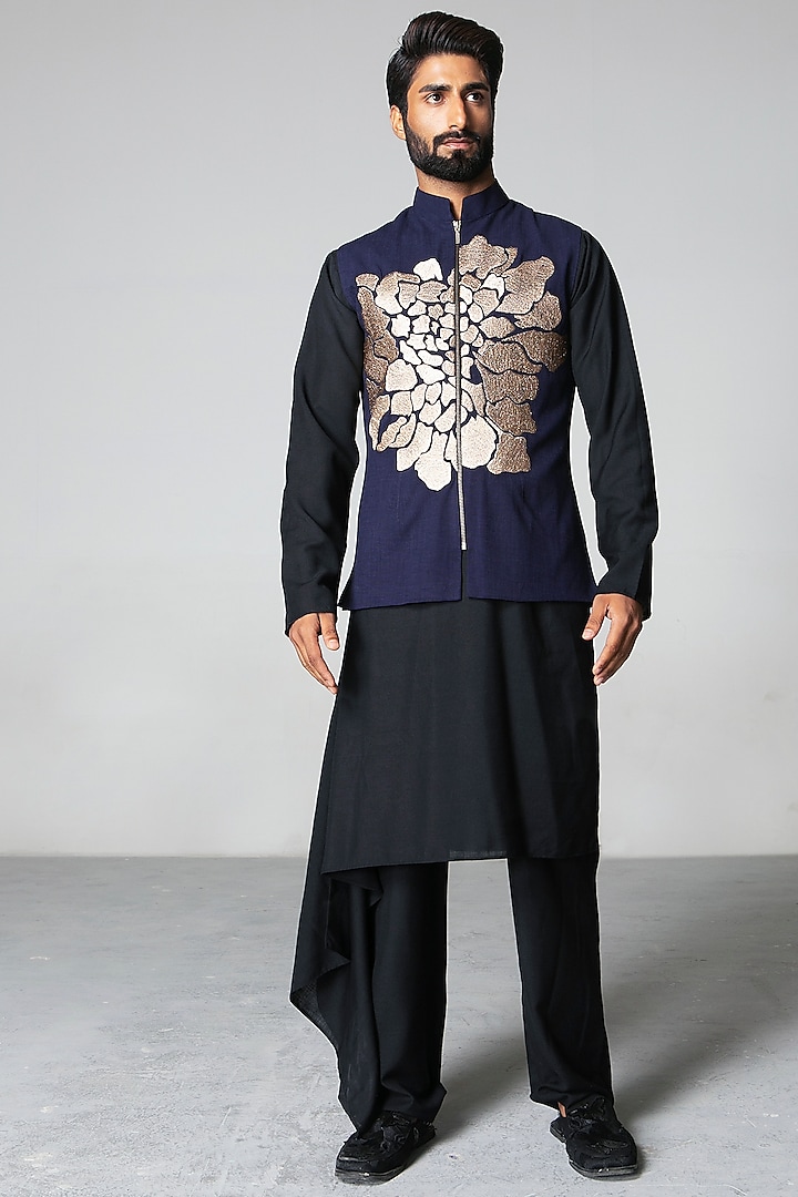 Blue & Black Zari Waistcoat Set by Siddartha Tytler Men