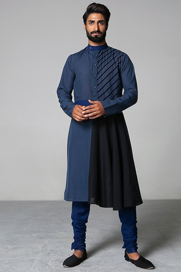 Blue & Black Asymmetric Kurta Set by Siddartha Tytler Men