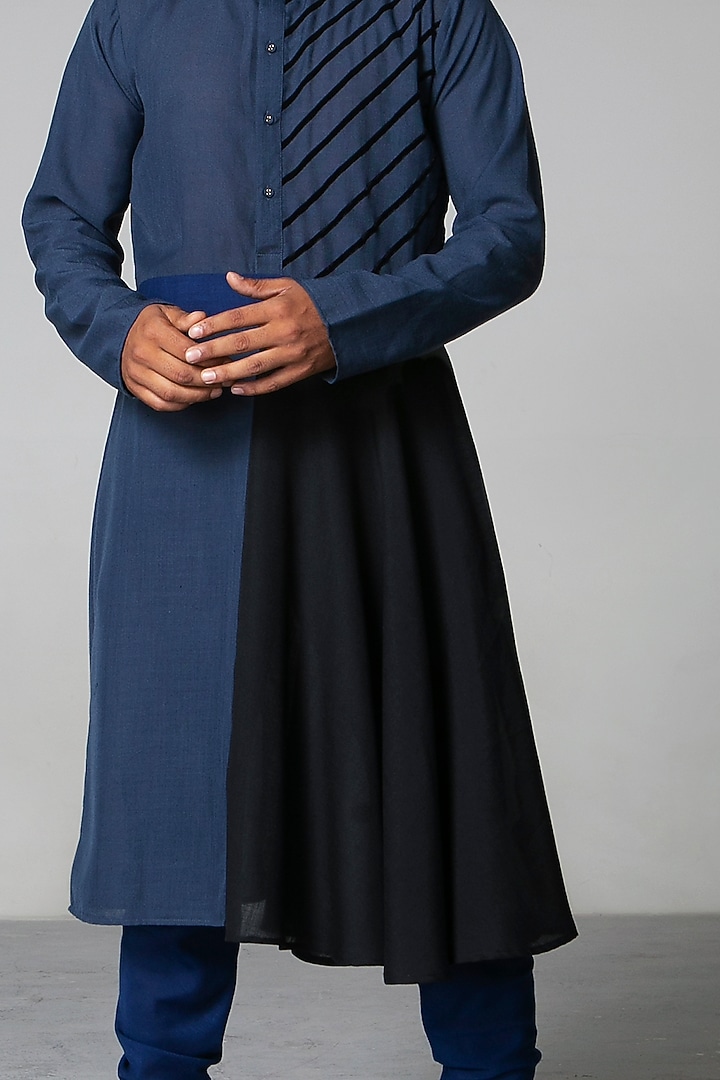 Blue & Black Asymmetric Kurta Set by Siddartha Tytler Men at Pernia's Pop Up Shop