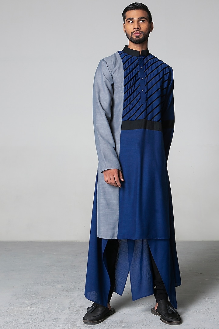 Navy Blue & Grey Kurta Set by Siddartha Tytler Men