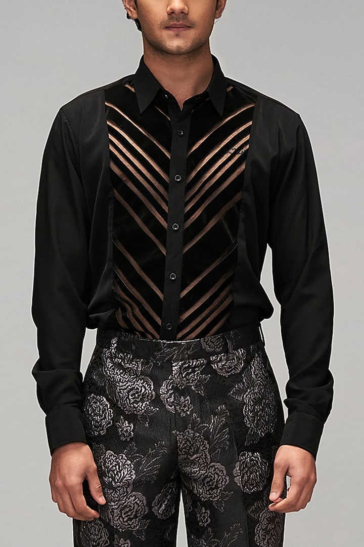 Black Heavy Crepe Velvet Striped Microfiber Wedding Shirt by Siddartha Tytler Men at Pernia's Pop Up Shop