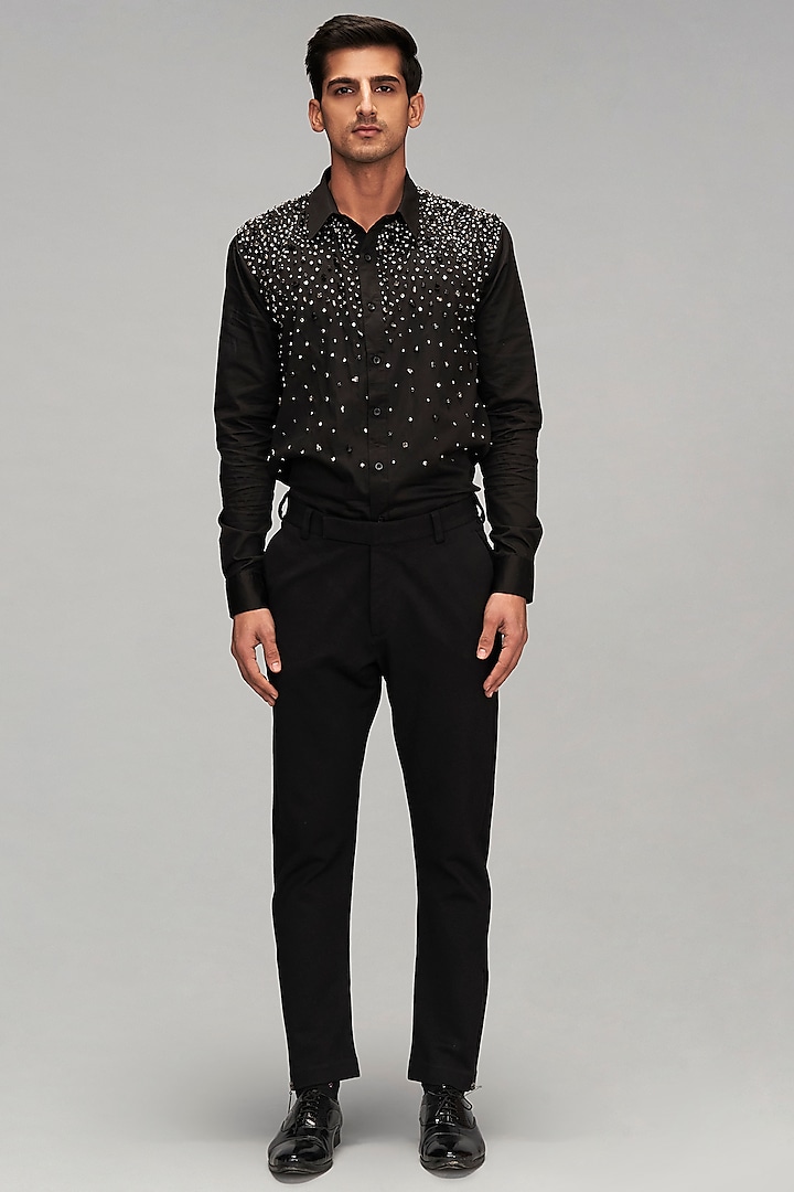 Black Cotton Satin Zircon & Crystal Embroidered Wedding Shirt by Siddartha Tytler Men at Pernia's Pop Up Shop
