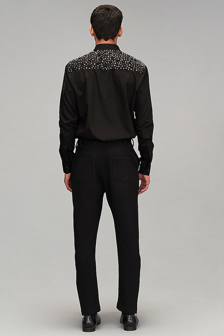 Black Cotton Satin Zircon & Crystal Embroidered Wedding Shirt by Siddartha Tytler Men at Pernia's Pop Up Shop