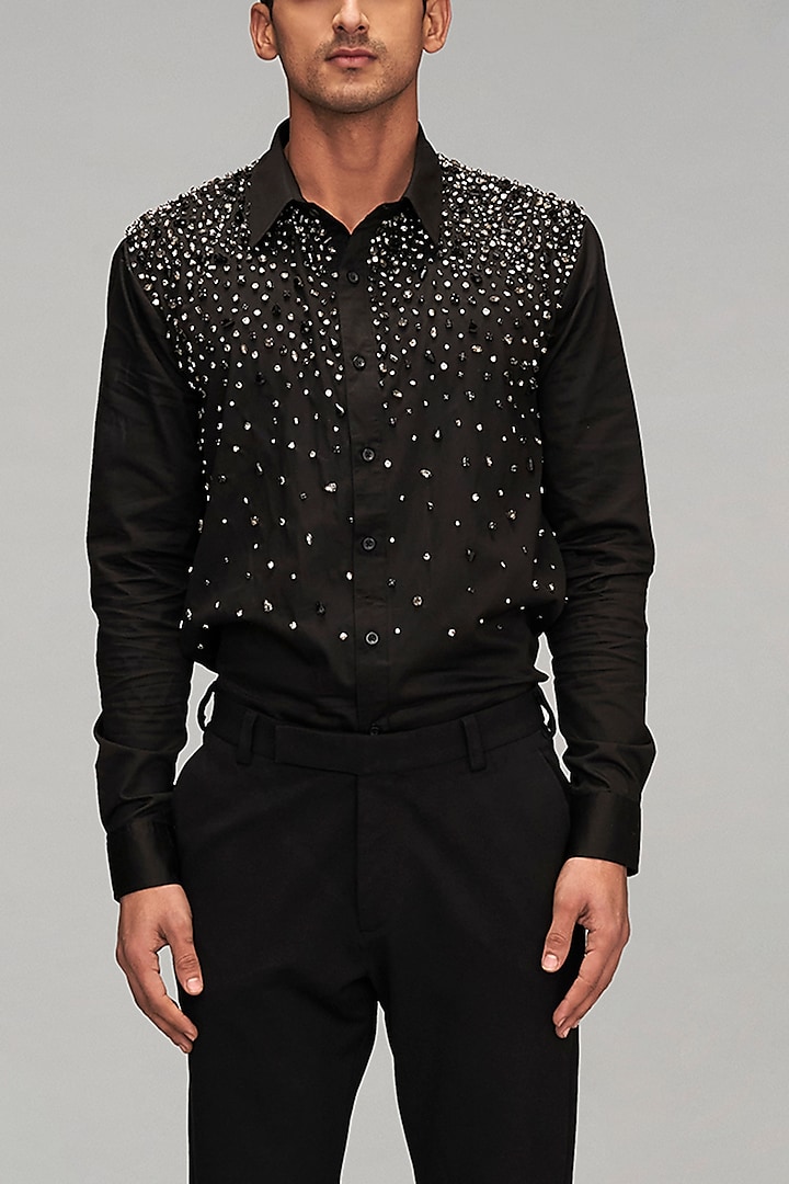 Black Cotton Satin Zircon & Crystal Embroidered Wedding Shirt by Siddartha Tytler Men at Pernia's Pop Up Shop