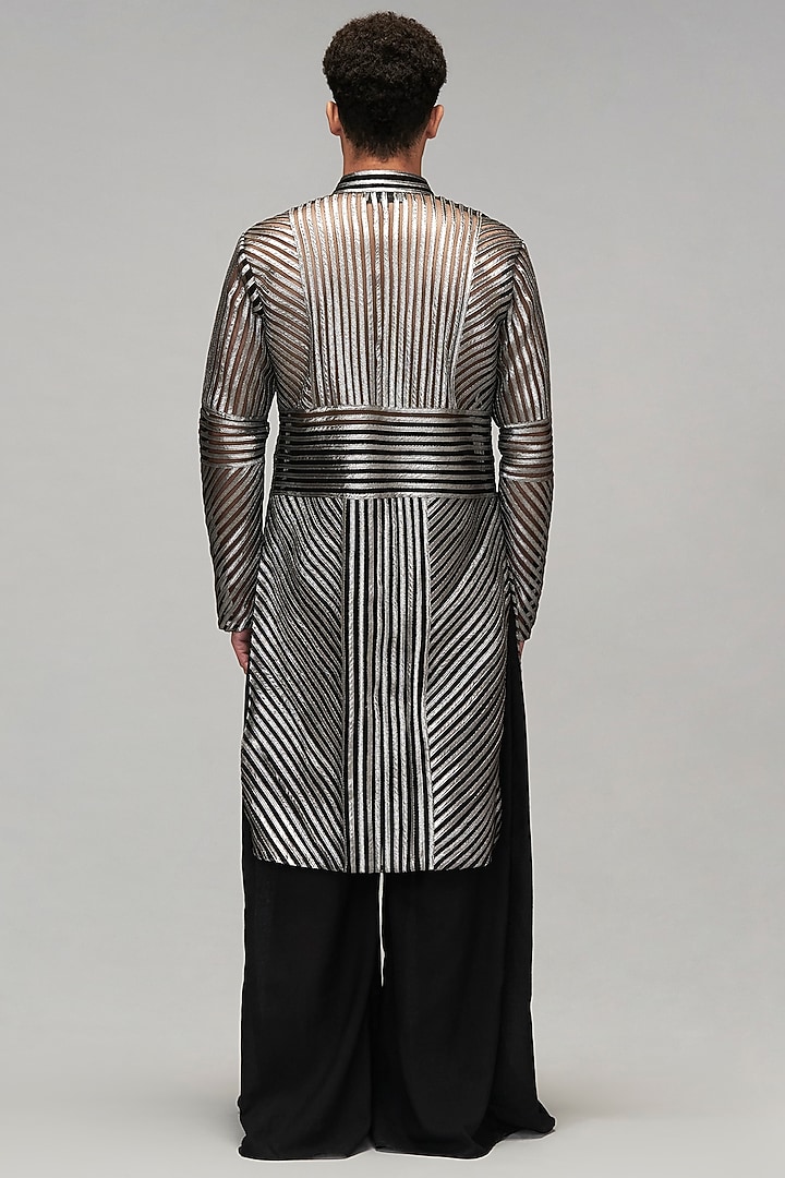 Black Lamme & Gunmetal Net Striped Kurta Set by Siddartha Tytler Men at Pernia's Pop Up Shop