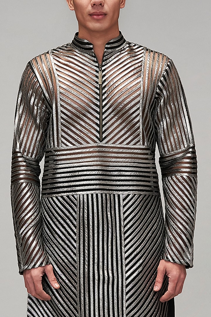 Black Lamme & Gunmetal Net Striped Kurta Set by Siddartha Tytler Men at Pernia's Pop Up Shop