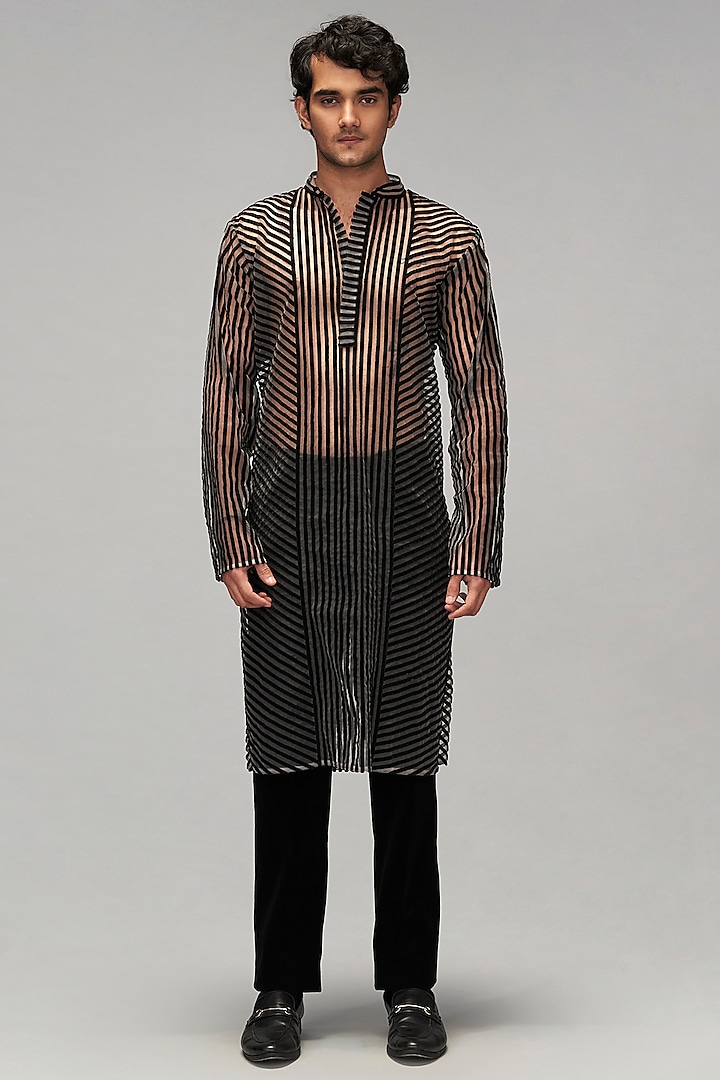 Black Sheer & Net Striped Kurta Set by Siddartha Tytler Men