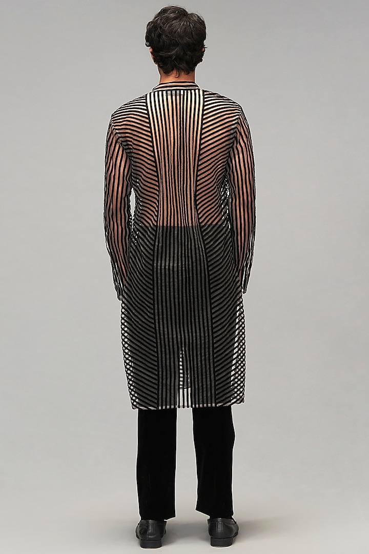 Black Sheer & Net Striped Kurta Set by Siddartha Tytler Men at Pernia's Pop Up Shop