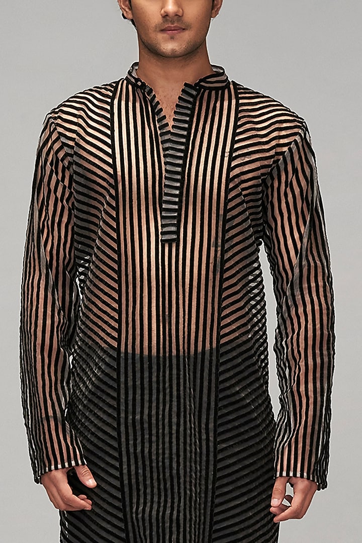 Black Sheer & Net Striped Kurta Set by Siddartha Tytler Men at Pernia's Pop Up Shop