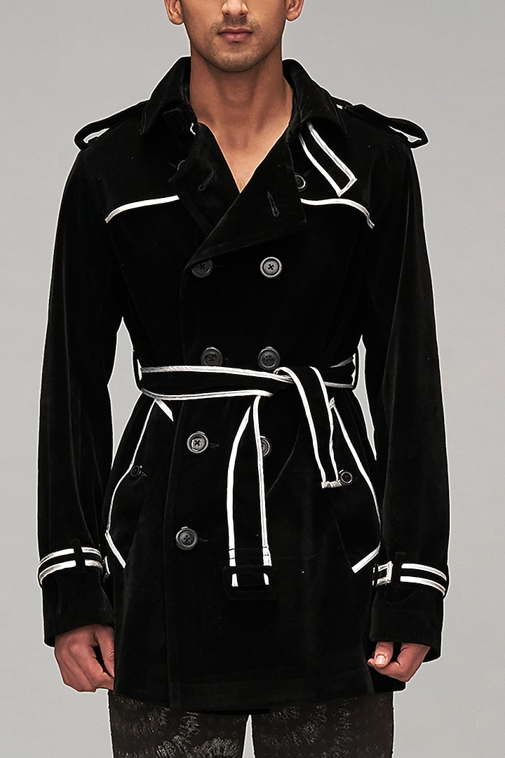 Black Velvet Trench Coat by Siddartha Tytler Men at Pernia's Pop Up Shop