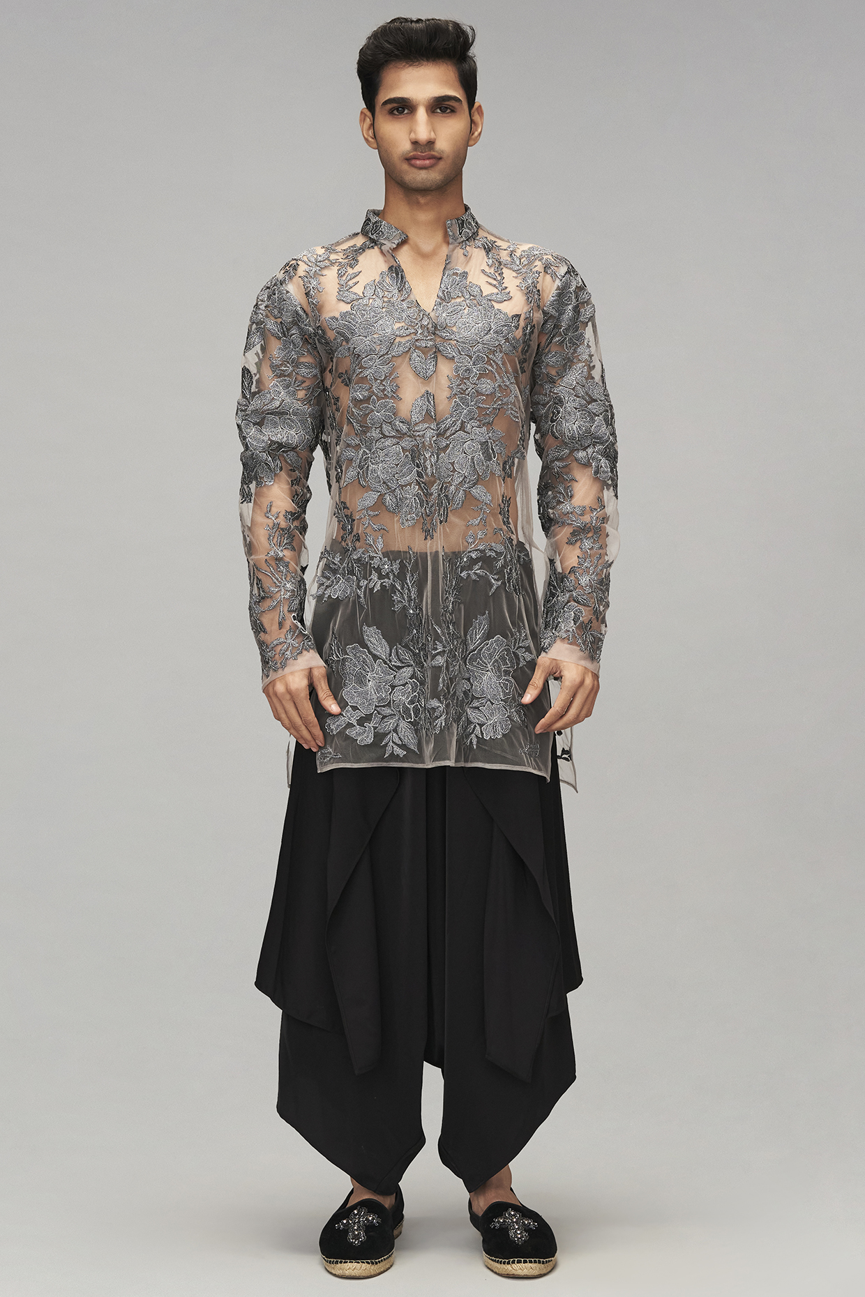 Grey & Black Net Thread Embroidered Kurta Set by Siddartha Tytler Men at Pernia's Pop Up Shop