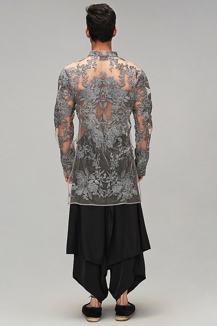 Grey & Black Net Thread Embroidered Kurta by Siddartha Tytler Men at Pernia's Pop Up Shop
