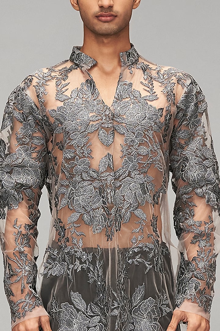 Grey & Black Net Thread Embroidered Kurta by Siddartha Tytler Men at Pernia's Pop Up Shop