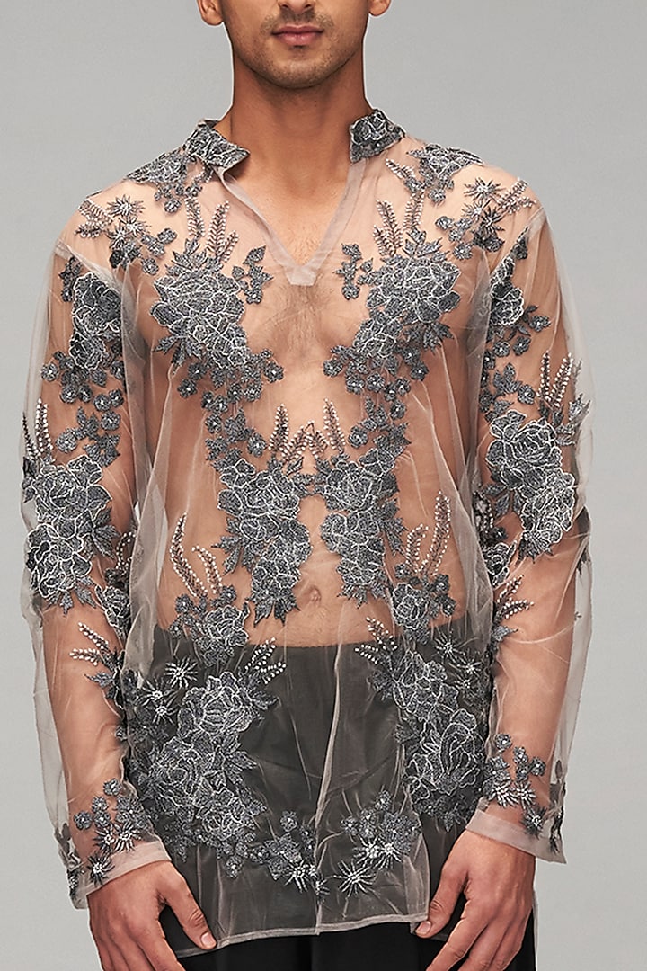 Grey & Black Net Thread Embroidered Kurta Set by Siddartha Tytler Men at Pernia's Pop Up Shop