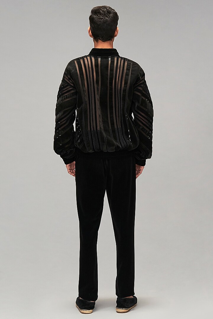 Black Neoprene Mesh Striped Bomber Jacket by Siddartha Tytler Men at Pernia's Pop Up Shop