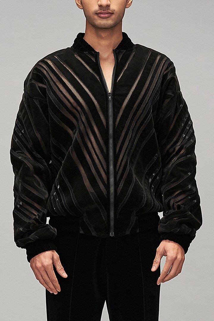 Black Neoprene Mesh Striped Bomber Jacket by Siddartha Tytler Men at Pernia's Pop Up Shop