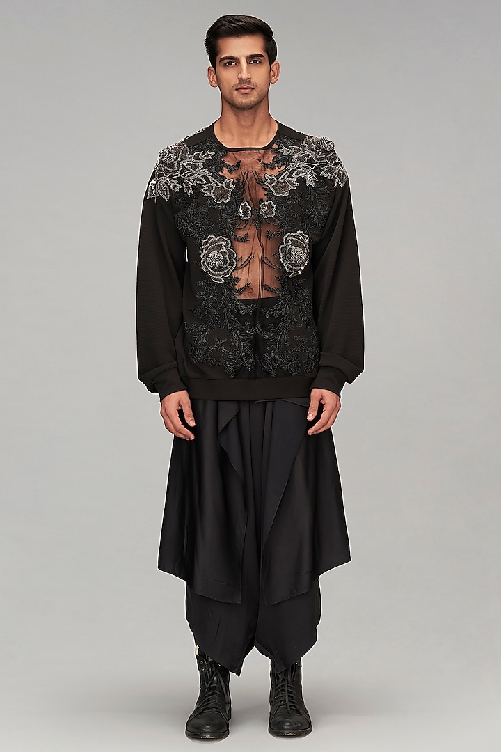 Black Double Knit 3D Floral Embroidered Jumper by Siddartha Tytler Men