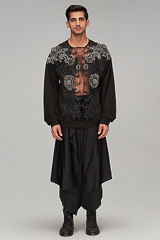 Black Double Knit 3D Floral Embroidered Jumper by Siddartha Tytler Men