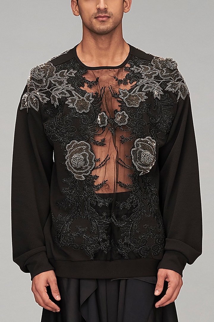 Black Double Knit 3D Floral Embroidered Jumper by Siddartha Tytler Men at Pernia's Pop Up Shop