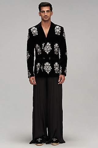 Black Velvet Zari & Crystal Embroidered Suit Set by Siddartha Tytler Men