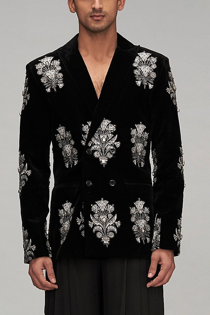 Black Velvet Zari & Crystal Embroidered Suit Set by Siddartha Tytler Men at Pernia's Pop Up Shop
