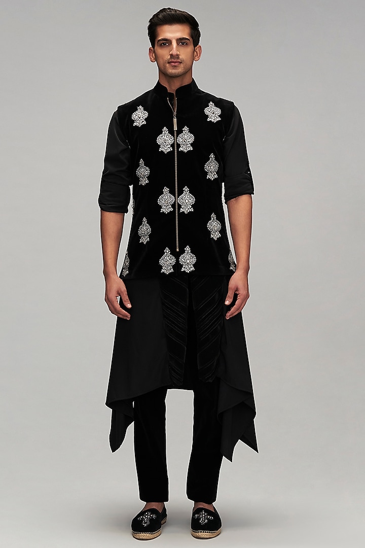 Black Velvet Zari & Crystal Embroidered Nehru Jacket Set by Siddartha Tytler Men