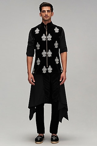 Black Velvet Zari & Crystal Embroidered Nehru Jacket Set by Siddartha Tytler Men