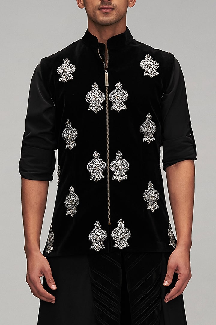 Black Velvet Zari & Crystal Embroidered Nehru Jacket Set by Siddartha Tytler Men at Pernia's Pop Up Shop