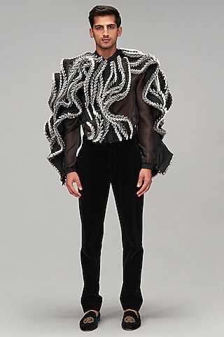 Black Organza Pleated Ruffled Shirt by Siddartha Tytler Men