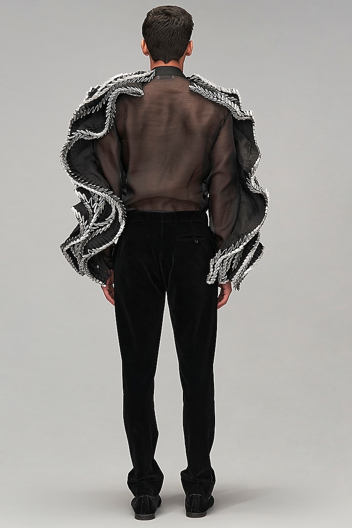 Black Organza Pleated Ruffled Wedding Shirt by Siddartha Tytler Men at Pernia's Pop Up Shop