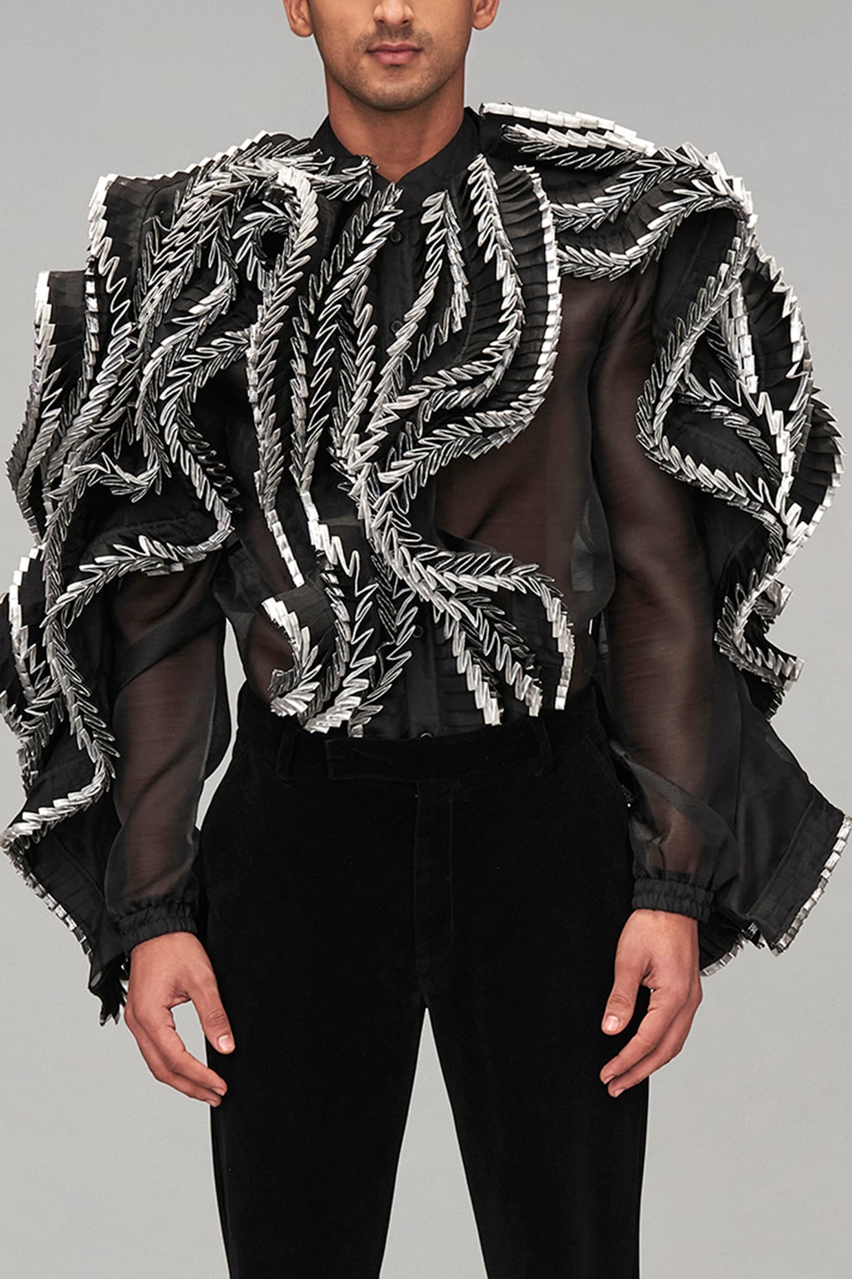 Black Organza Pleated Ruffled Shirt by Siddartha Tytler Men at