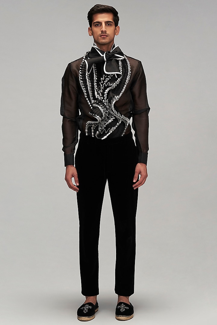 Black Organza Pleated Ruffled Bow Shirt by Siddartha Tytler Men