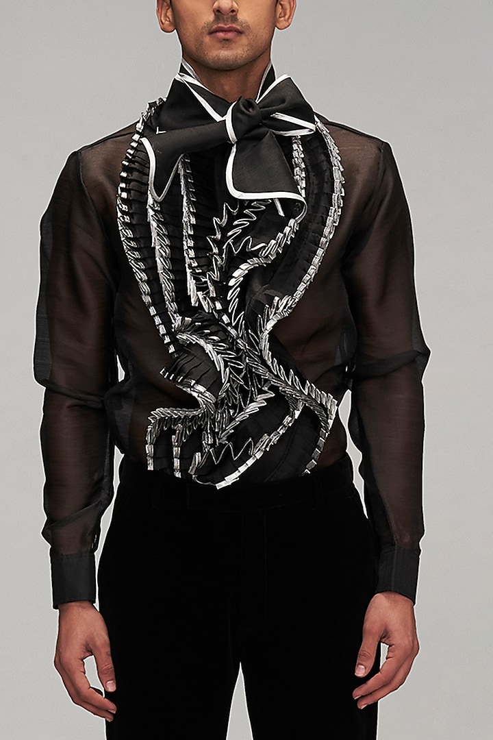 Black Organza Pleated Ruffled Bow Wedding Shirt by Siddartha Tytler Men at Pernia's Pop Up Shop