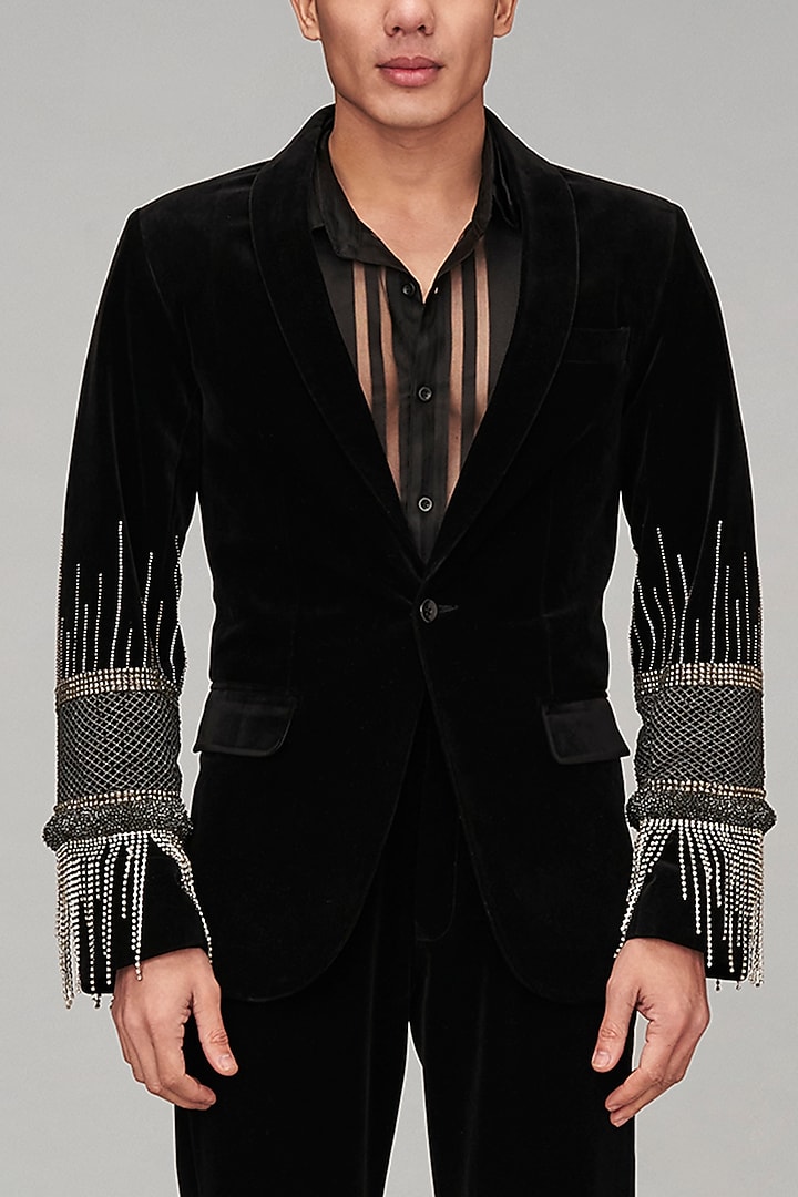 Black Velvet Embellished Jacket Set by Siddartha Tytler Men at Pernia's Pop Up Shop