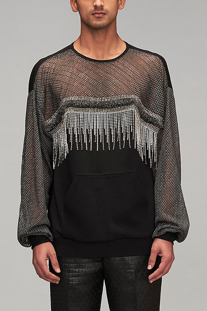 Black Double Knit Crystal Paneled Jumper by Siddartha Tytler Men at Pernia's Pop Up Shop