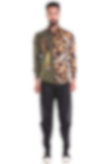 Brown & Olive Printed Paneled Wedding Shirt by Siddartha Tytler Men at Pernia's Pop Up Shop