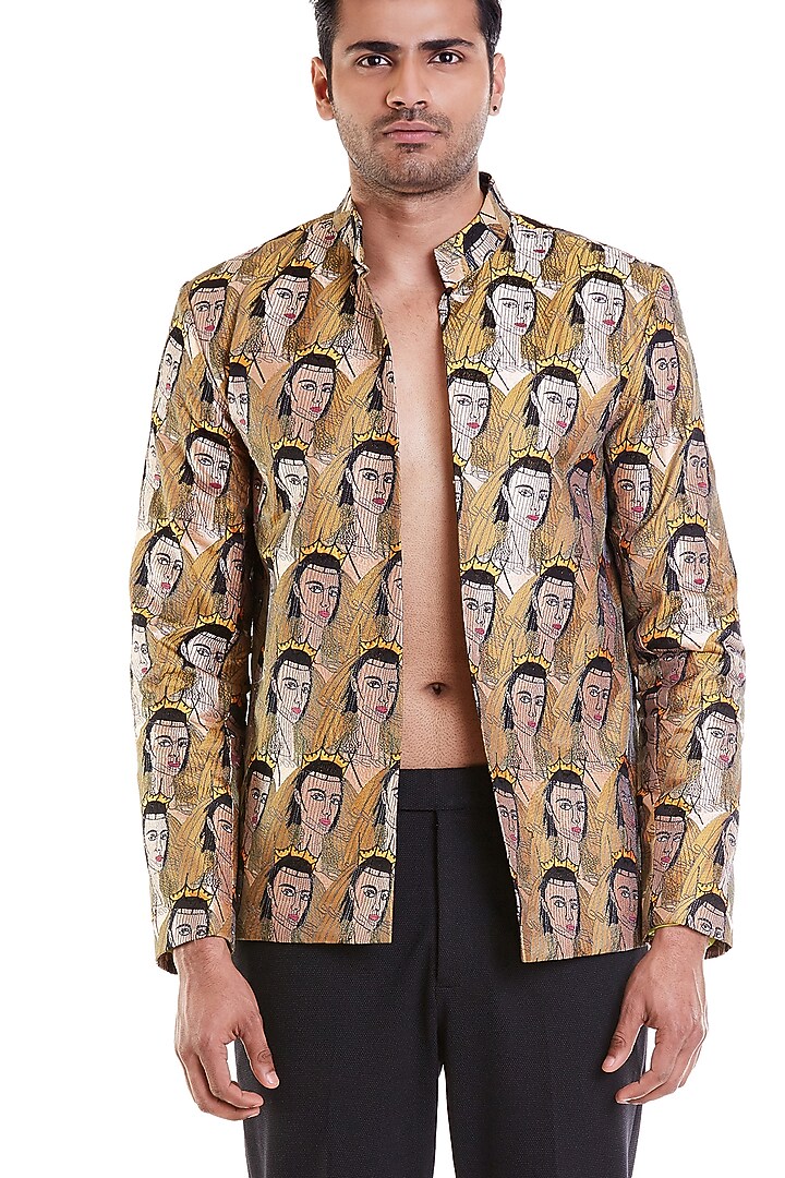 Mustard Computer Embroidered Groom Bandhgala Jacket by Siddartha Tytler Men at Pernia's Pop Up Shop