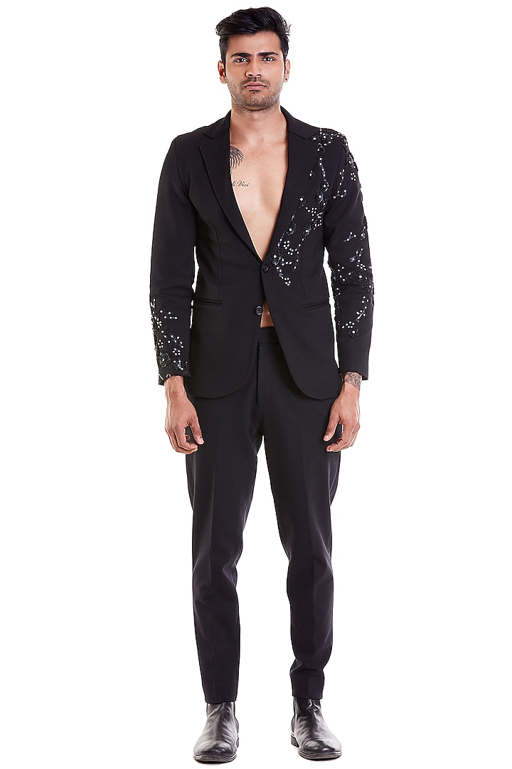 Black Hand Embroidered Suit Tuxedo by Siddartha Tytler Men