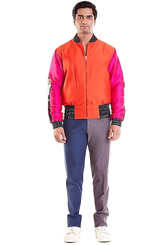 Fuchsia & Orange Computer Embroidered Bomber Jacket by Siddartha Tytler Men