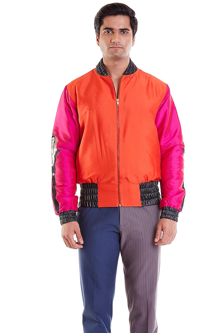 Fuchsia & Orange Computer Embroidered Bomber Jacket by Siddartha Tytler Men at Pernia's Pop Up Shop