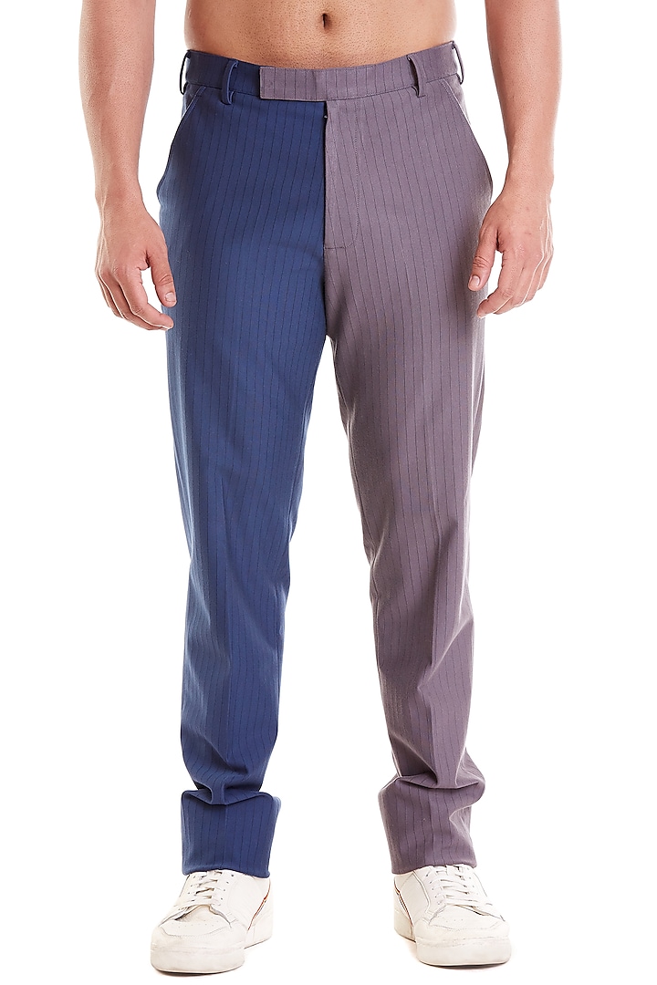 Grey & Navy Blue Pinstriped Formal Pants by Siddartha Tytler Men