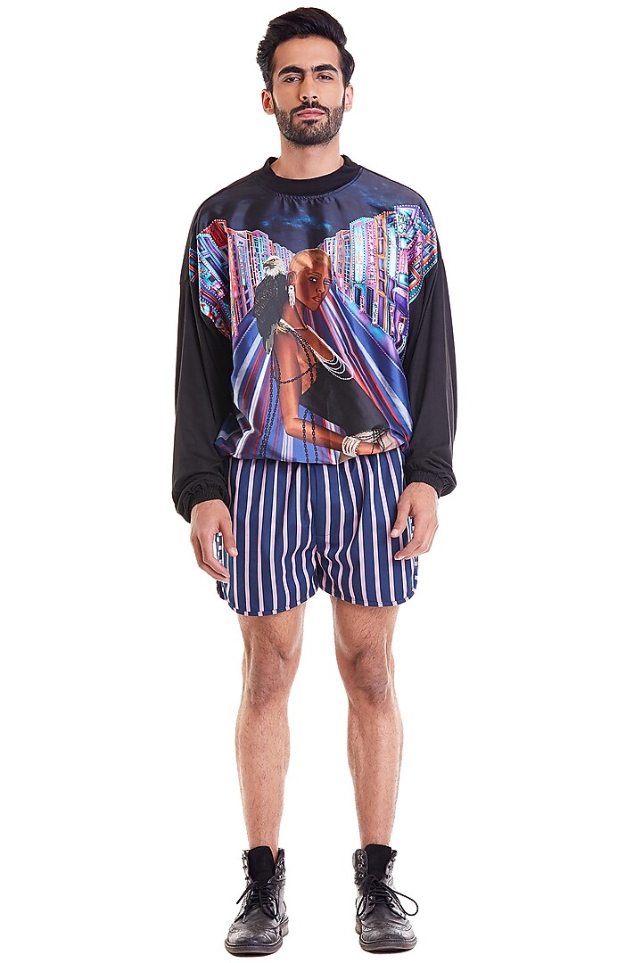 Blue Tafetta & Jersey Digital Printed Jumper by Siddartha Tytler Men at Pernia's Pop Up Shop