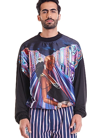 Blue Tafetta & Jersey Digital Printed Jumper by Siddartha Tytler Men