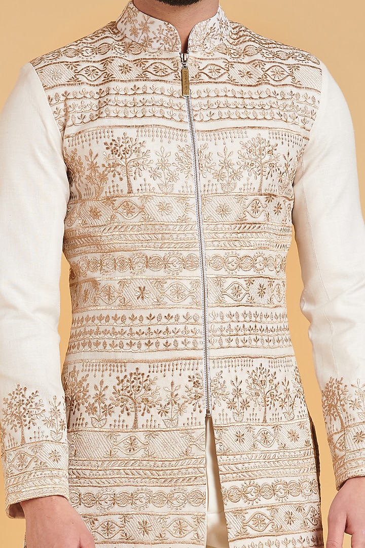 Ivory Matka Silk Zari Embroidered Groom Sherwani Set by Siddartha Tytler Men at Pernia's Pop Up Shop