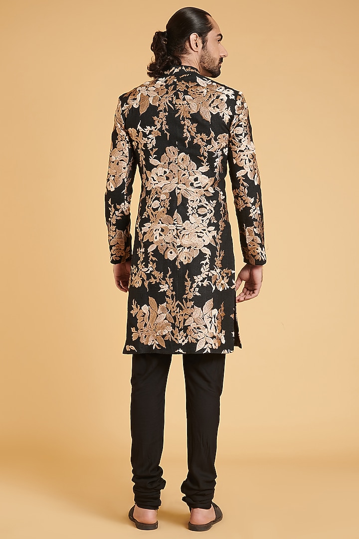 Black & Gold Matka Silk Floral Zari Work Groom Sherwani Set by Siddartha Tytler Men at Pernia's Pop Up Shop