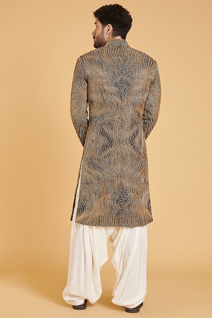 Black Matka Silk Gold Zari Work Groom Sherwani Set by Siddartha Tytler Men at Pernia's Pop Up Shop
