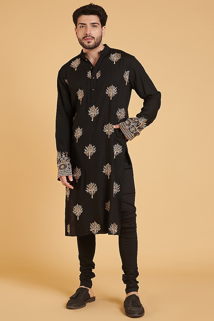 Black Rayon Embroidered Kurta Set by Siddartha Tytler Men at Pernia's Pop Up Shop